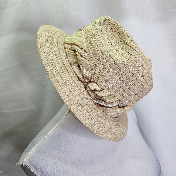 JCPenney Tan Straw Trimmed Fedora Hat Size 7 1/4 - Picture 1 of 9